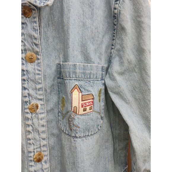 Christopher & Banks (M) Button Up Denim School Bus Embroidered Jean Jacket Shirt - Picture 6 of 11